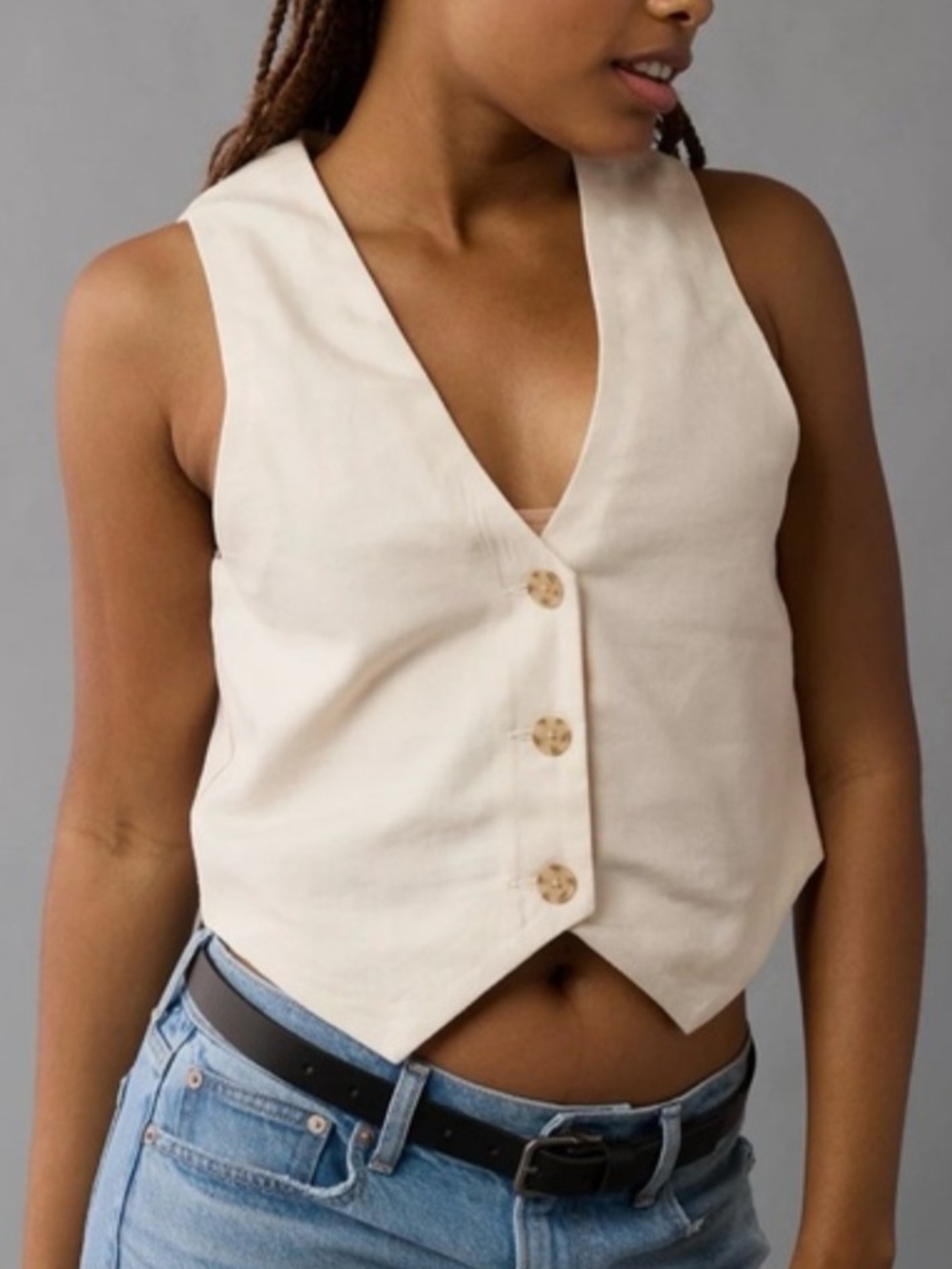 Sleeveless V-Neck Button Front Cream Vest Top
